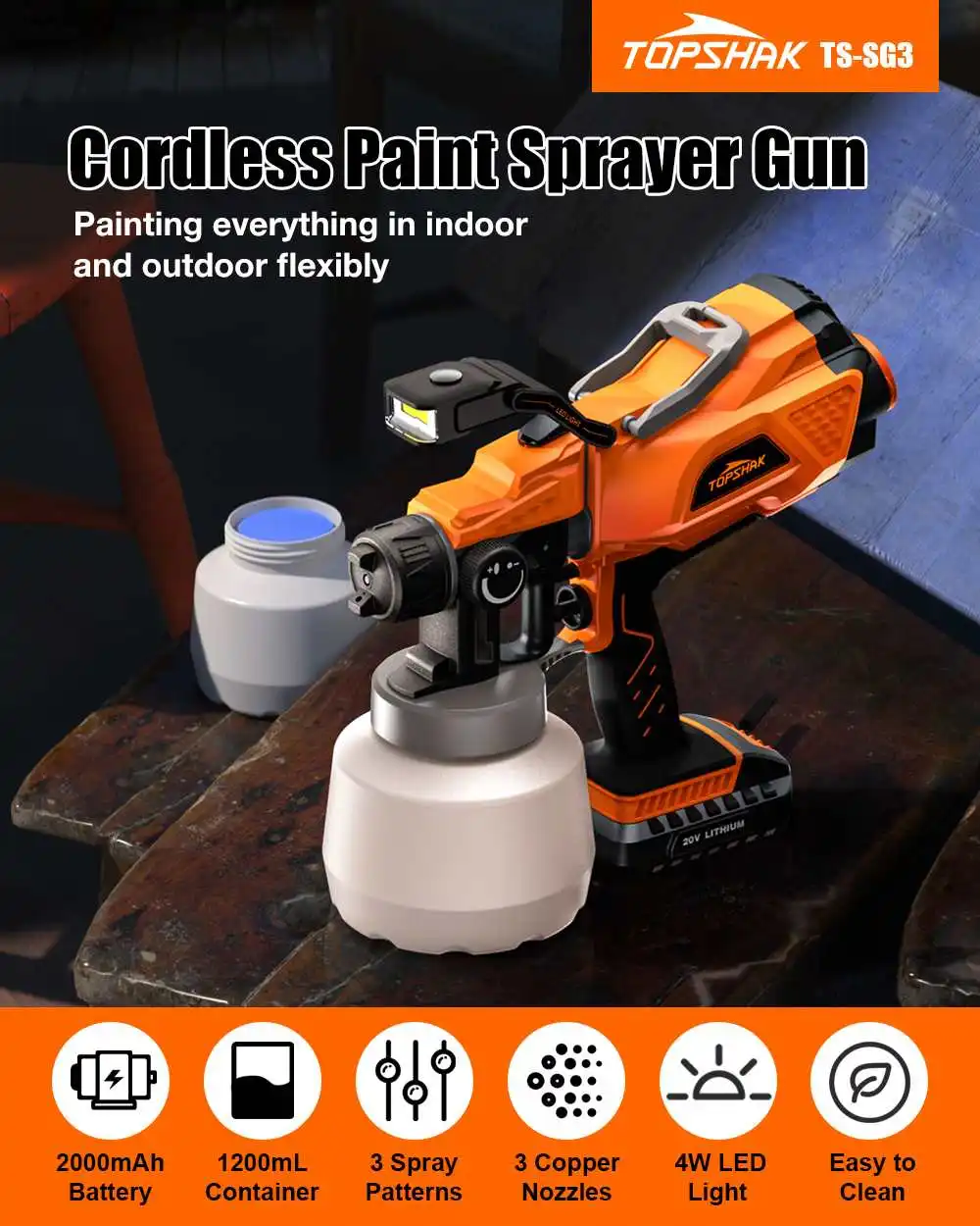 Topshak Tssg3 1200ml Cordless Electric Spray Gun With Lithium Battery