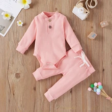 0/24M Newborn Kid Baby Boy Girl Clothes Autumn Spring Long Sleeve Bodysuit Romper Top and Pant Suit Solid Baby 2Pcs Clothing Set