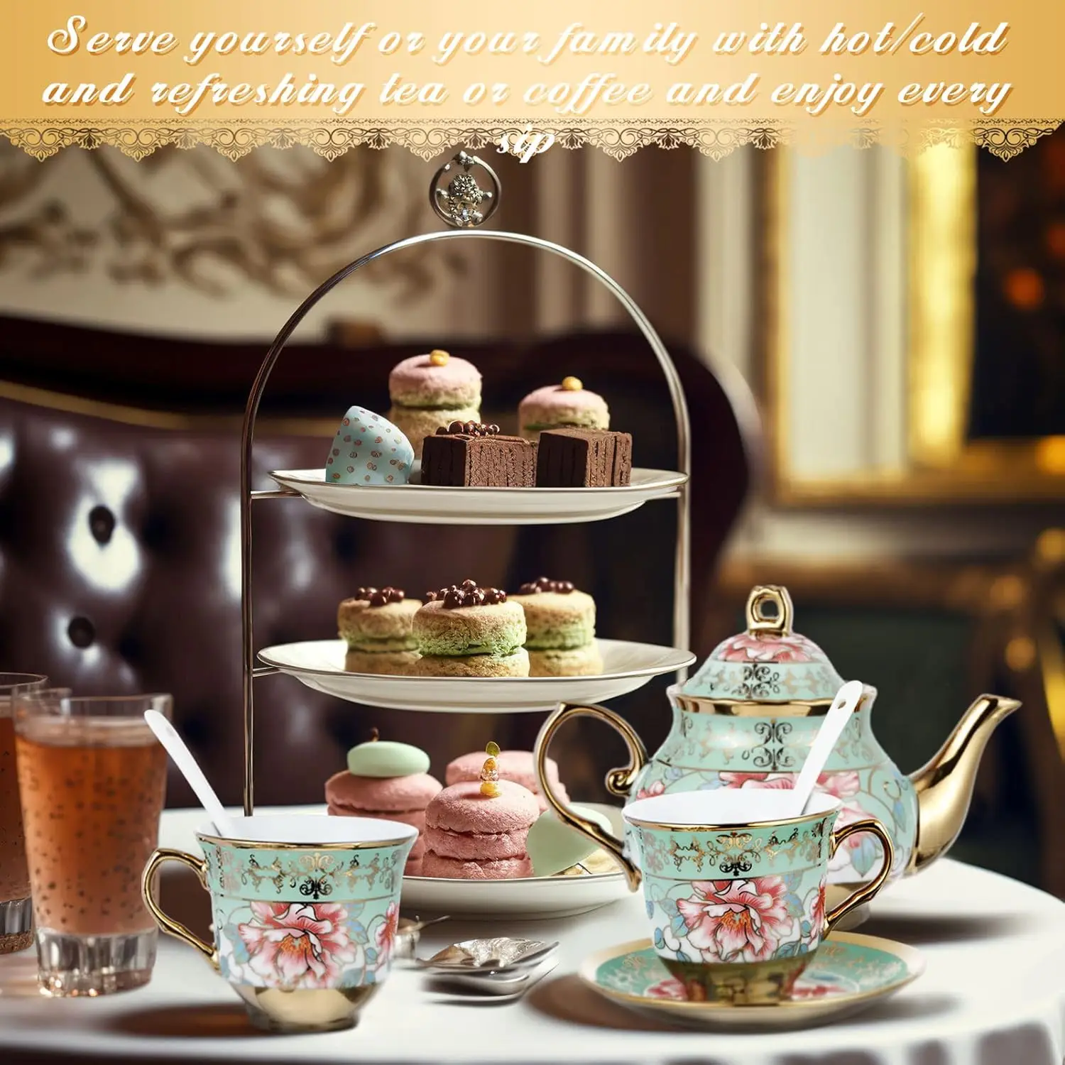 20 Pcs Porcelain Tea Set with Metal Holder Adult Ceramic Tea Party Set European Flower Cup Saucer for Adult Women