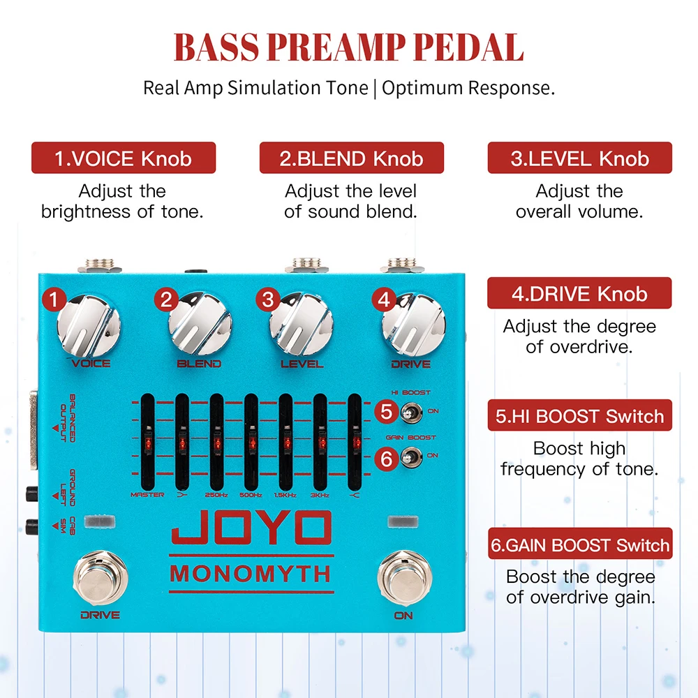 JOYO R-26 MONOMYTH Bass Guitar Preamp Effect, 6 Band-Graphic EQ Control, Cabinet Simulation Tone, Bass Preamp Analog Pedal