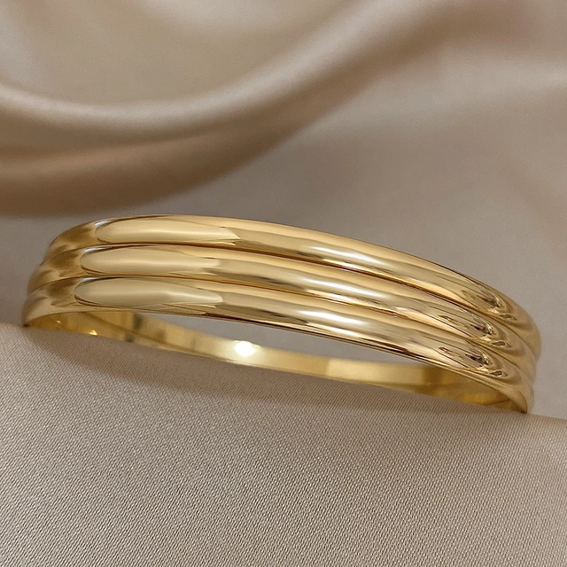 3pcs Glossy 18K Gold Plated Stainless Steel Bangle Bracelet for Women Minimalist Basic Wristband Bangles Waterproof Jewelry 4