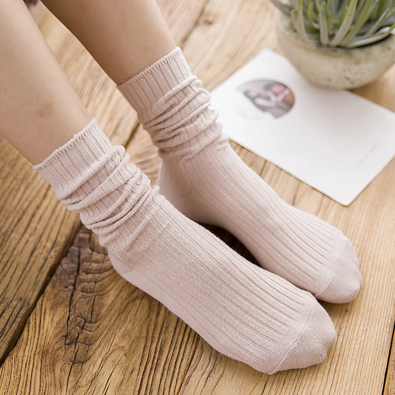 1 Pair Retro Women Cotton Loose Socks Autumn Winter Knitting Solid Color Long Black Pink Korean Japanese Student Girls Stockings womens socks