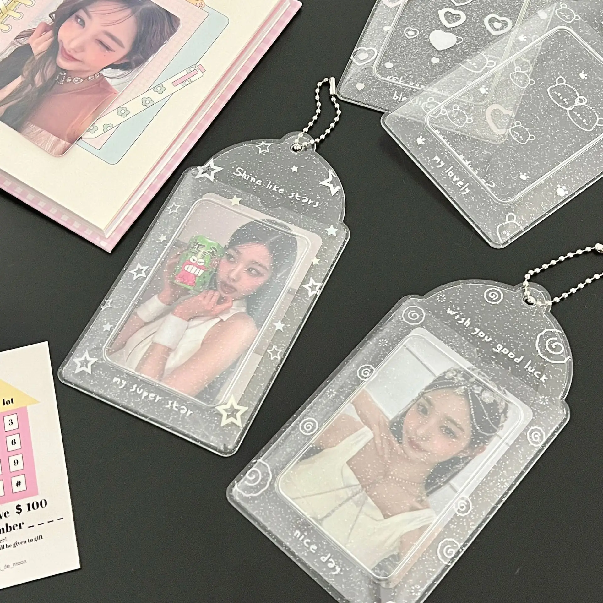 MINKYS Ins Glittery Transparent Kawaii 3 inch Kpop Photocard Holder idol Photocard Holder Photo Card Holder Bag Pendant 4