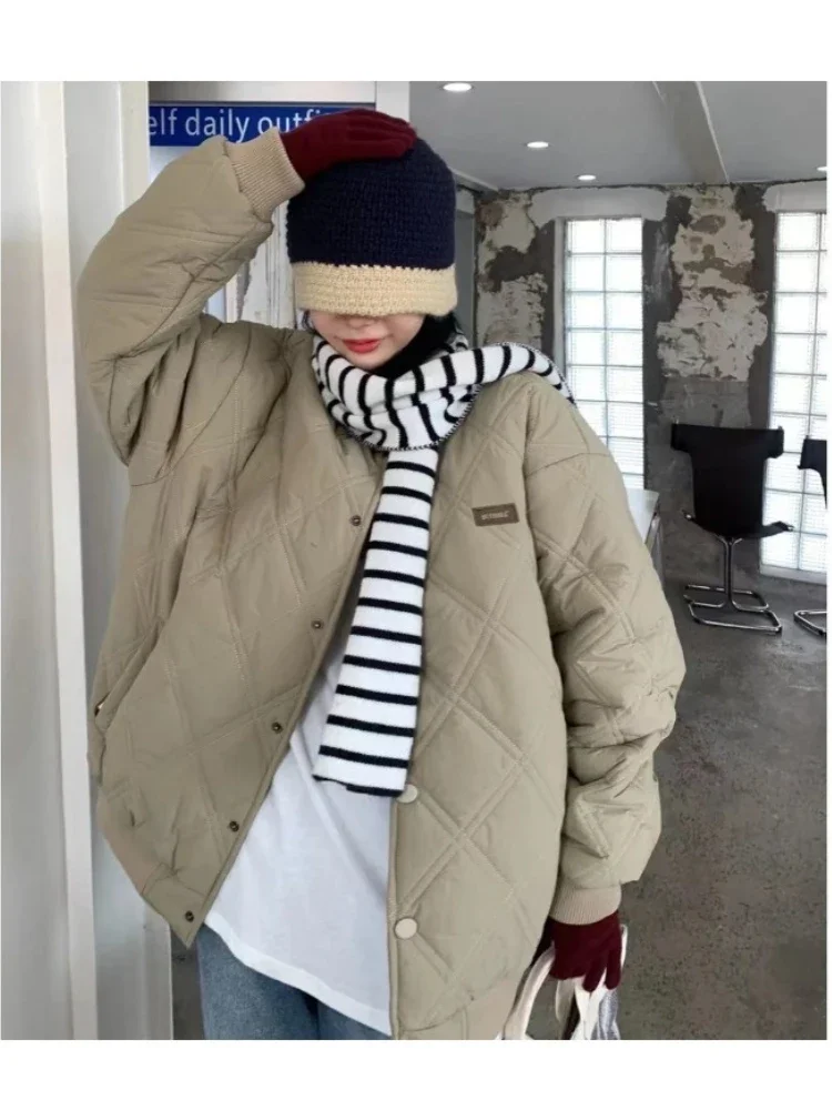 

HOUZHOU Vintage Khaki Padded Bomber Jackets Women Harajuku Hip Hop Oversize Winter Fleece Coat Korean Streetwear Quilted Coats