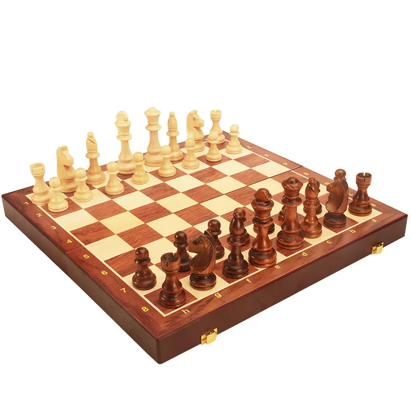 Wooden Chess Set Folding Chess Box With 34 Pieces Interior For Storage Portable Travel Board Game Set For Kid