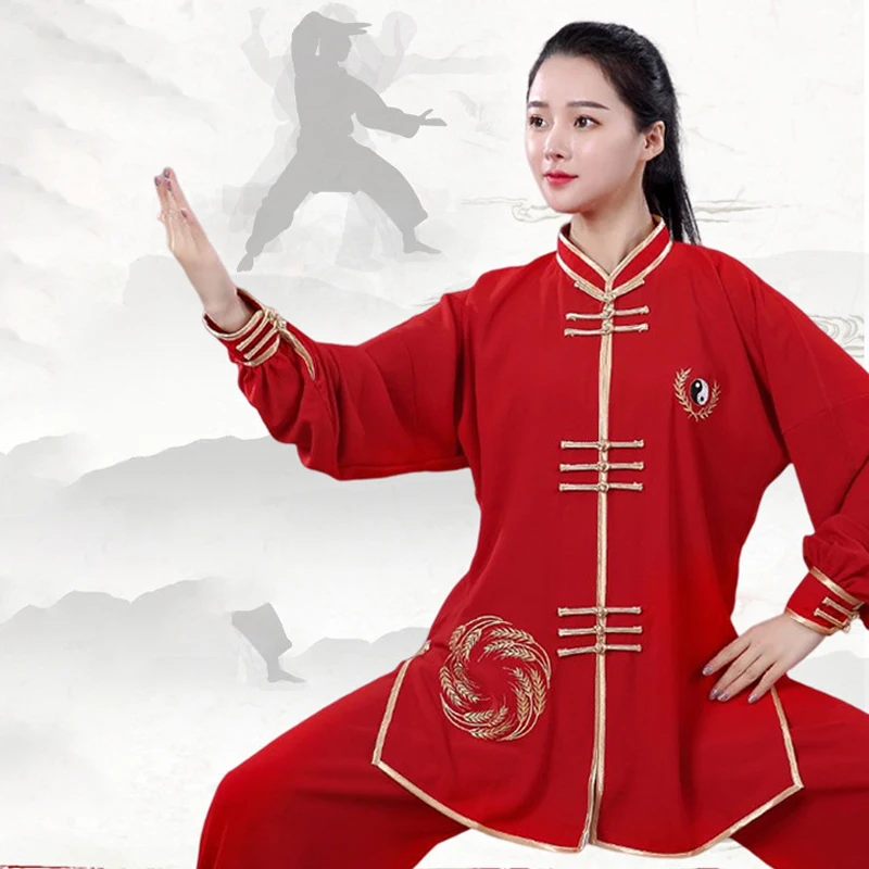 Goldener Drache bestickter Unisex-Kungfu-Anzug, chinesische Kampfkunstuniform mit Tai-Chi-Design, langärmeliges Übungskleidungsset – Detail 5