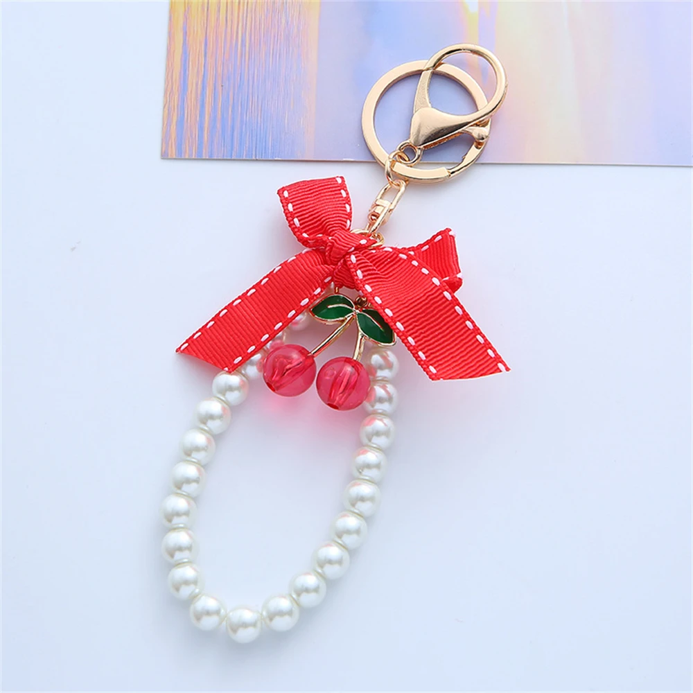 Lovely Cherry Keychain For Women Pearl Chain Fabric Bow Keyring Lady