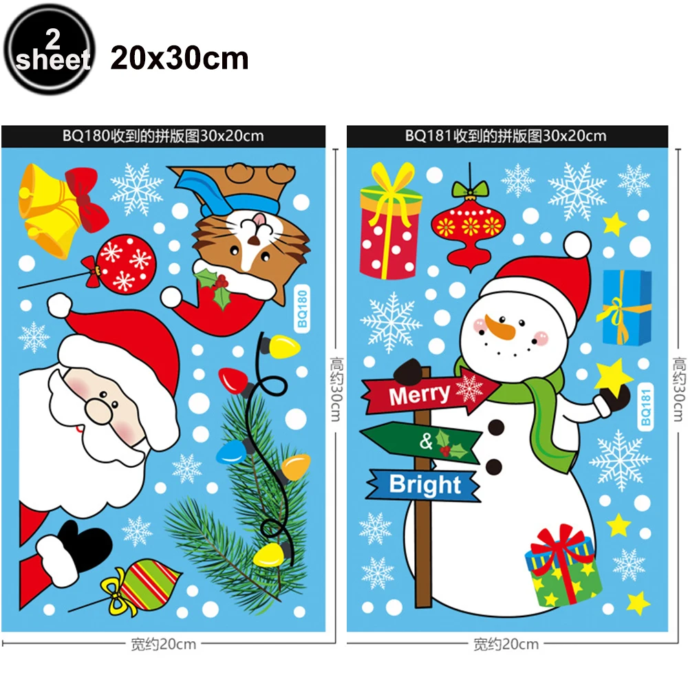 2 hojas de pegatinas para ventana con temática navideña, diseño de Papá Noel, muñeco de nieve, reno, árbol de Navidad, pegatinas estáticas con dibujos animados