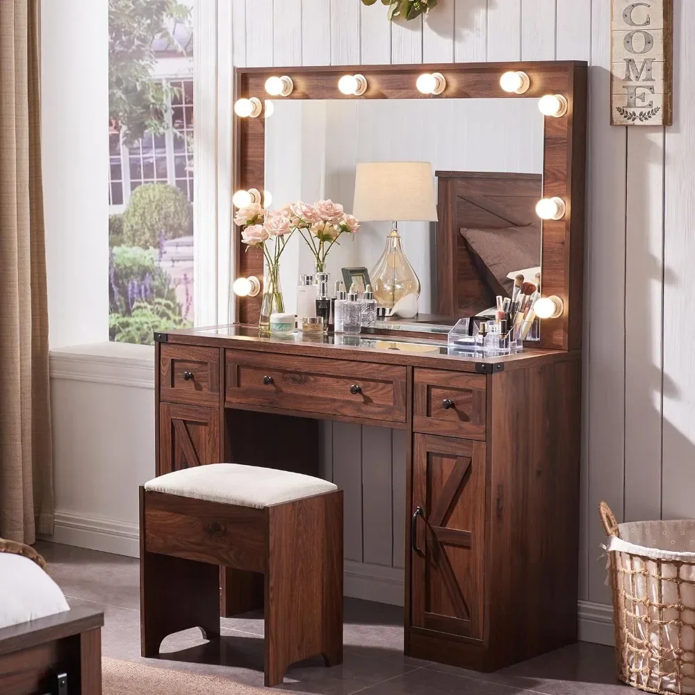 

Drawer Table with Lighting Mirror and Lights, Dressing Table Set with 3 Drawers&2 Cabinets,Stool Included 43" Makeup Vanity Desk