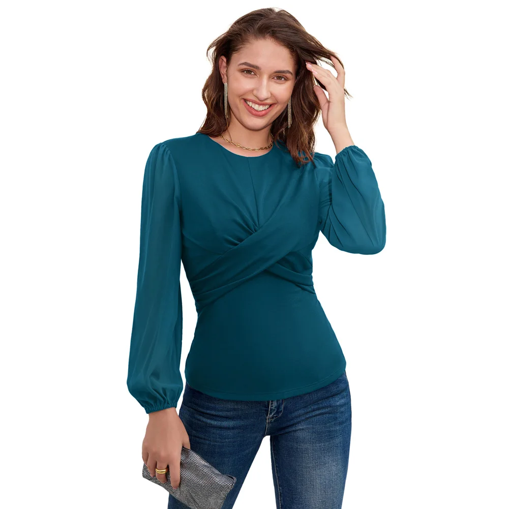 GK Women Casual Shirts Party Cocktail Knotted Bodice Tops Long Chiffon Sleeve Crew Neck Pullover Fashion Stylish Tees Streetwear