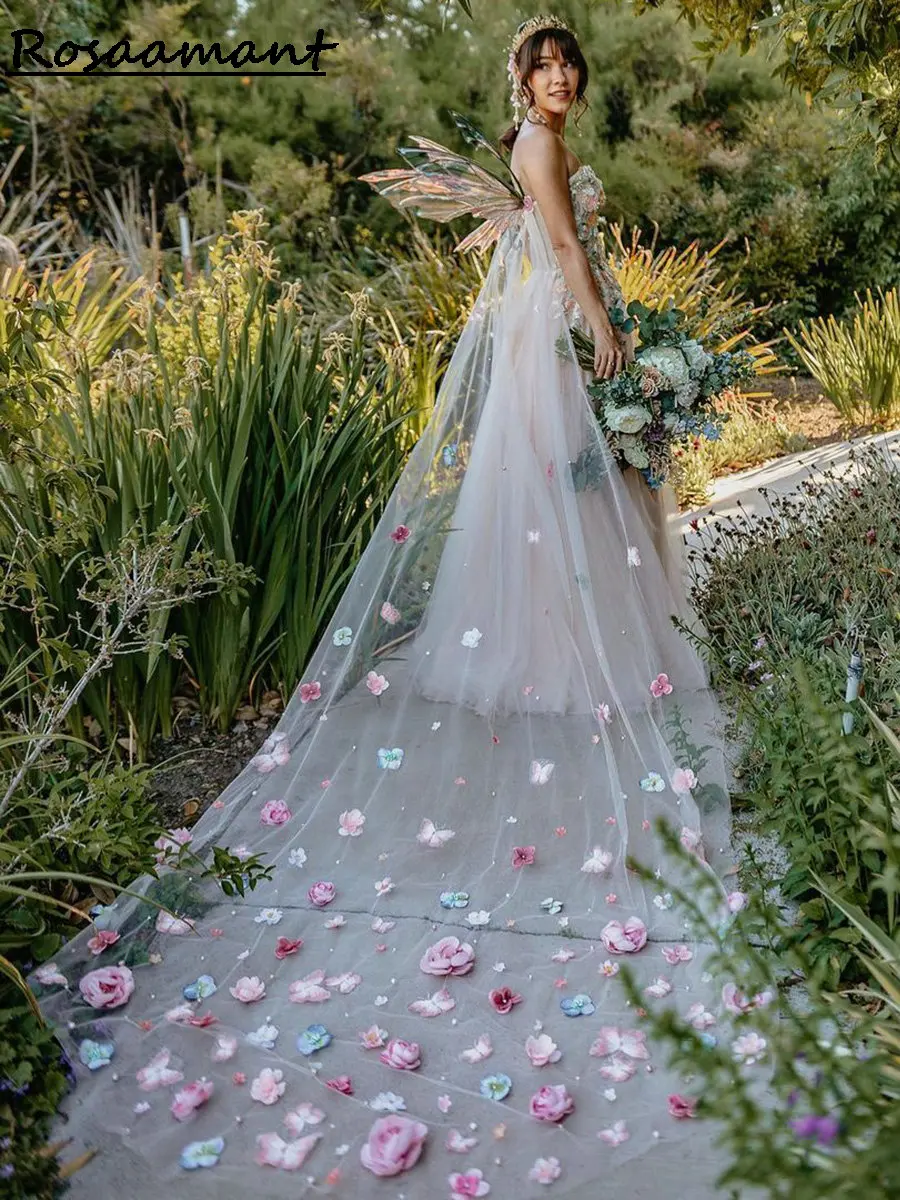 

Luxury Colorful 3D Flowers Appliques Lace A-line Wedding Dresses With Cape Spaghetti Straps Bridal Gowns Robe De Mariée