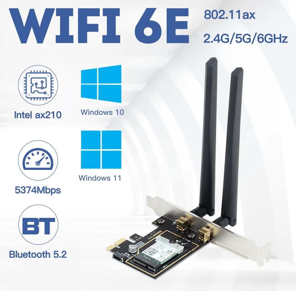 5374 Intel AX210 PCIe Wi-Fi 5,2, 2,4 Мбит/С, Bluetooth.