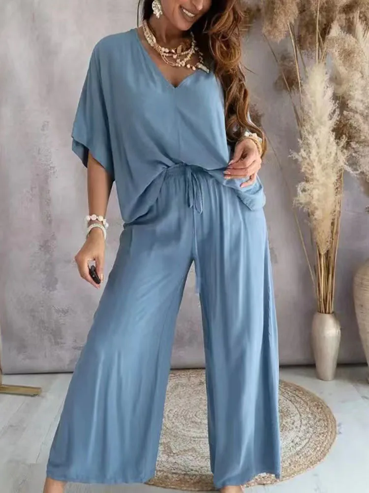 2 Piece Sets Outfit Pant Sets 2024 Two Piece Set For Women V Neck Bat Sleeve Casual Loose Wide-leg Solid Color Juicy Tracksuit 2 pecs suit summer tracksuit sets womens outfits boho beach style print underwear loose wide leg pants ropa mujer подходить new