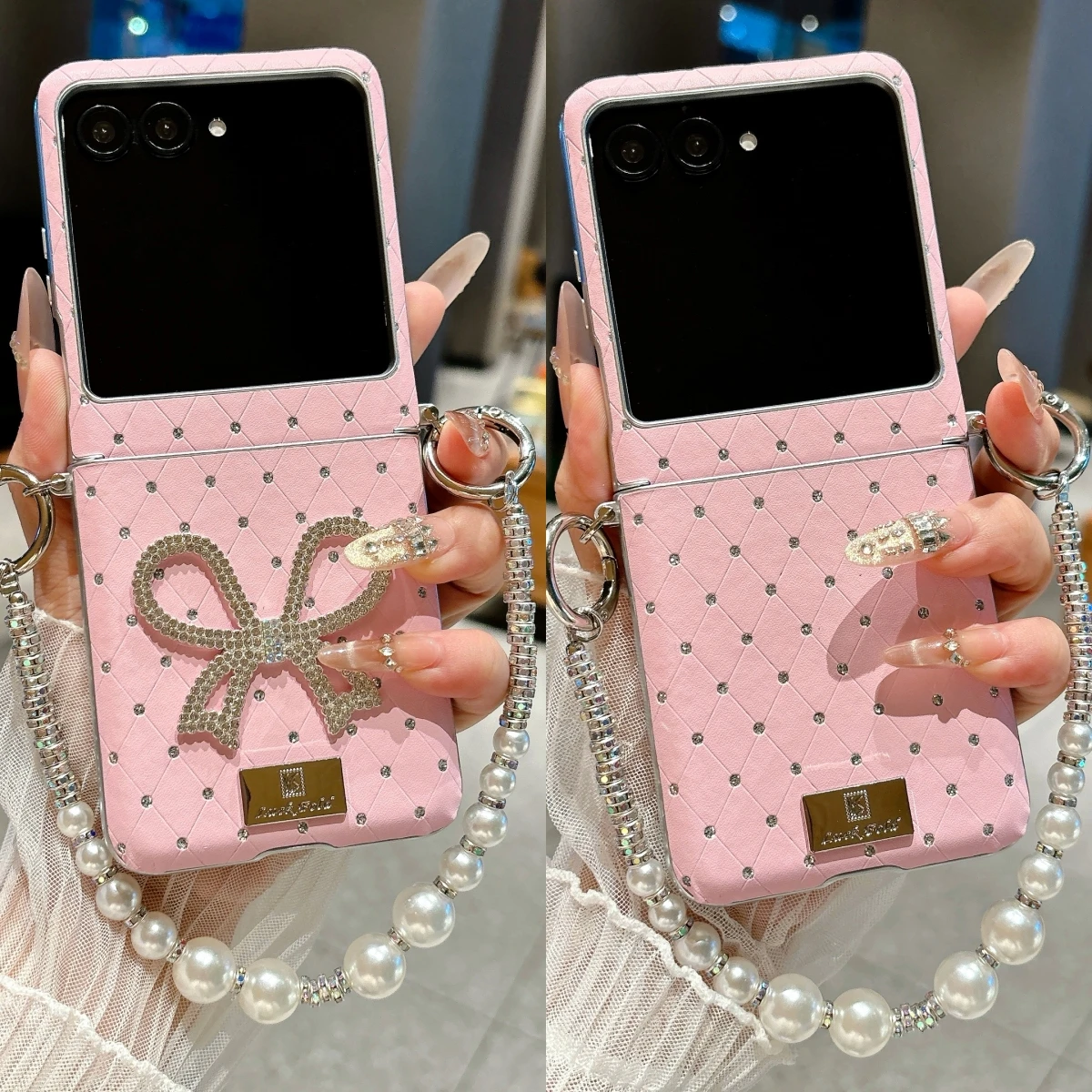 Cute Glitter Bowknot Rhinestone Flip Phone Case with Chain, Rhombus Design