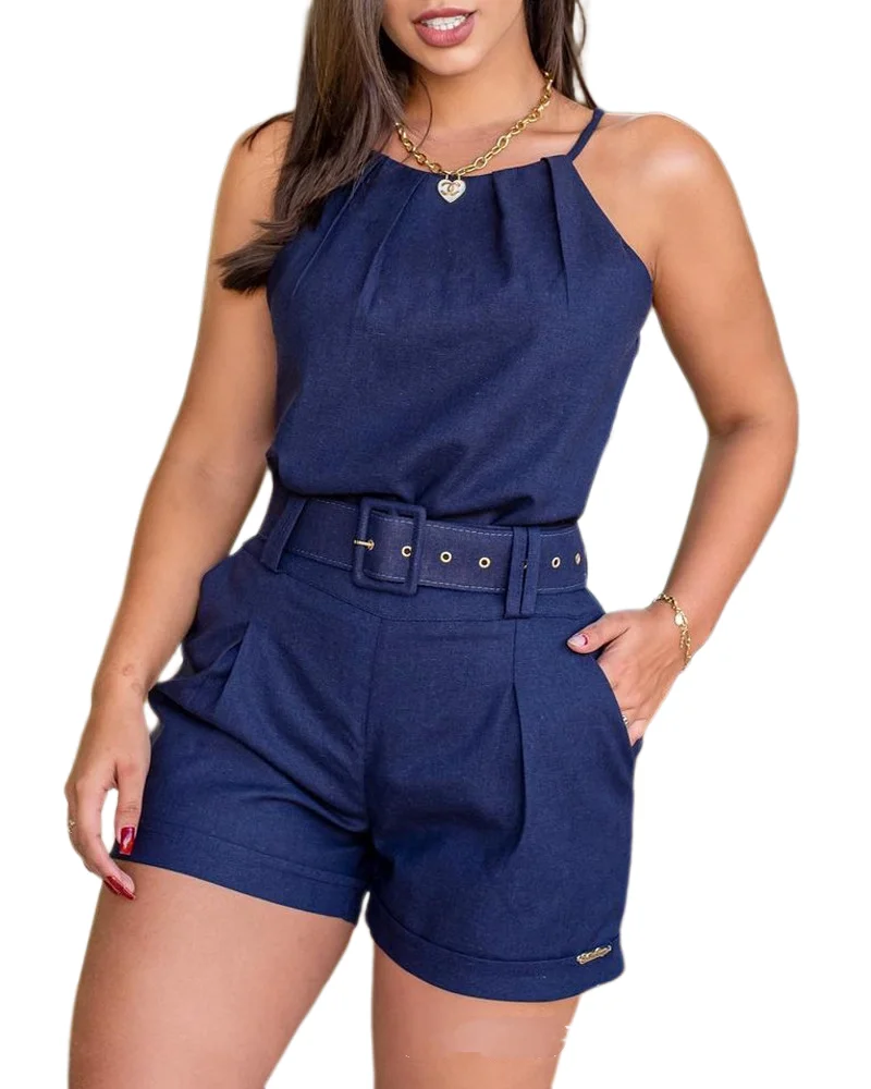 Womens Two Piece Sets 2024 Summer Fashion New Solid Color Casual Sleeveless Top & Pocket Design Shorts Set Commuting Style