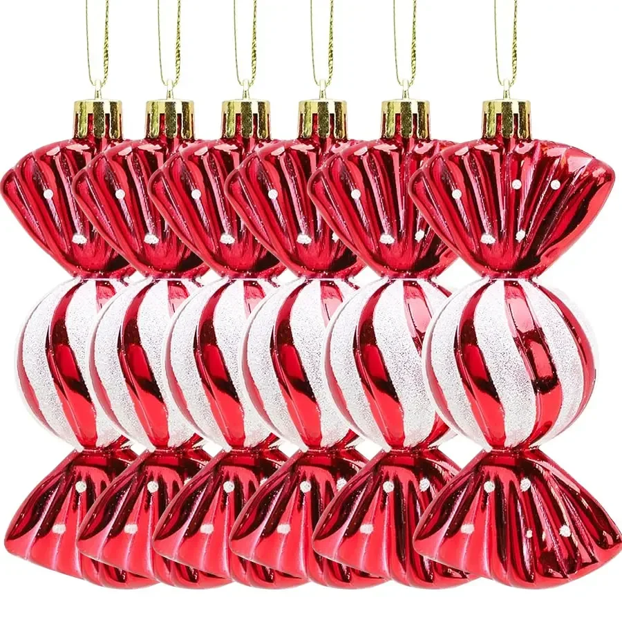 6-24 piezas de piruletas navideñas con forma de bastón de caramelo, colgantes para árbol de Navidad, adornos de bolas para fiestas de Navidad, regalos de Año Nuevo