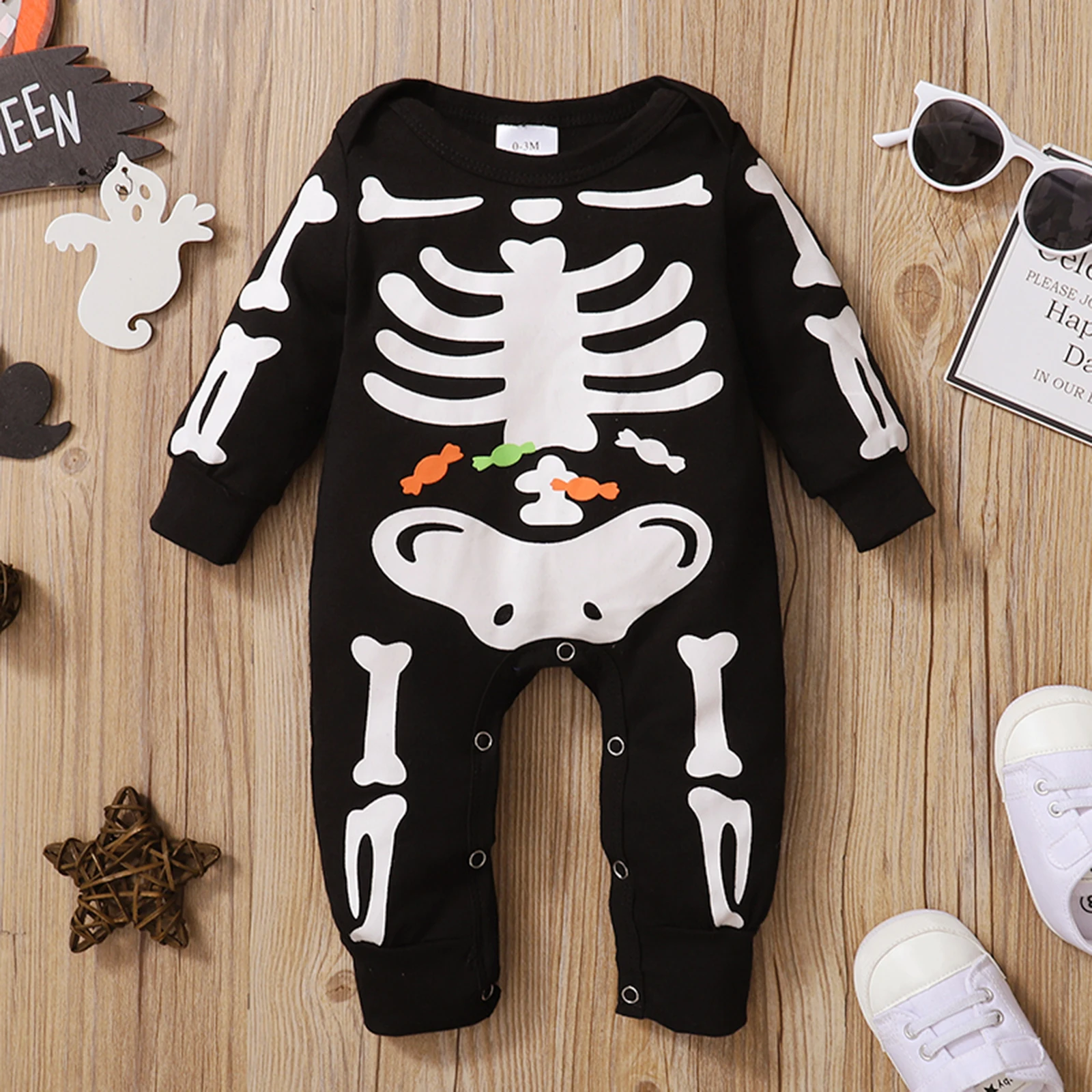 Halloween Newborn Baby Girls Boys Jumpsuit Toddler Skeleton & Candy Print Long Sleeve Round Neck Romper