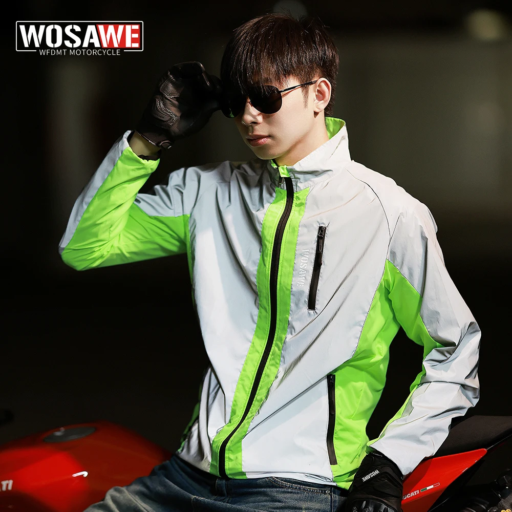 

WOSAWE Men's Reflective Jacket Windproof Running Safety Jacket Motorcycle Cycling Hi Vis Windbreaker Night Reflective Clothing