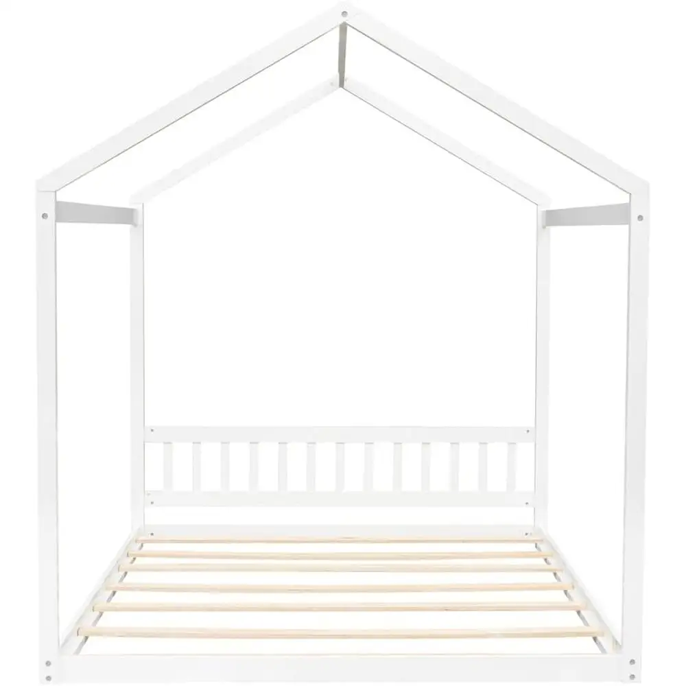 Queen Size Wooden House Bed Frame Kids Floor Bed with Headboard Roof Slats Support Children's Imaginative Play Durable Design 6