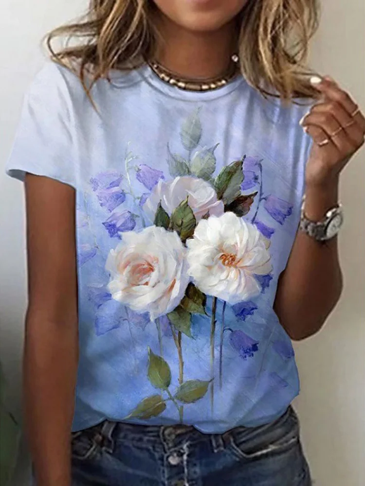 

Футболка женская с 3D-принтом, модная Свободная рубашка с коротким рукавом, с милым цветочным принтом, одежда оверсайз, на лето