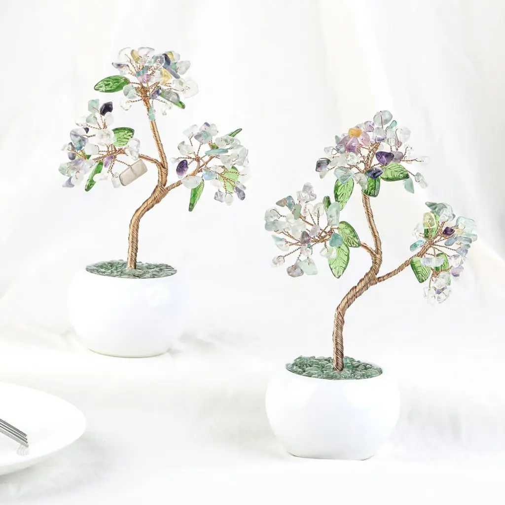 Healing Aquamarine Crystal Money Tree With Ceramic Base Bonsai Lucky Tree Feng Shui Home Decor Desktop Ornaments