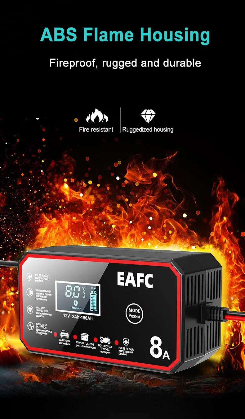 EAFC Tragbares 6A/8A 12V Smart Batterieladegerät Automatisch für Erhaltungslithium LiFePO4 Blei-Säure-Batterien Auto Motorrad Ladegerät – Detail 17