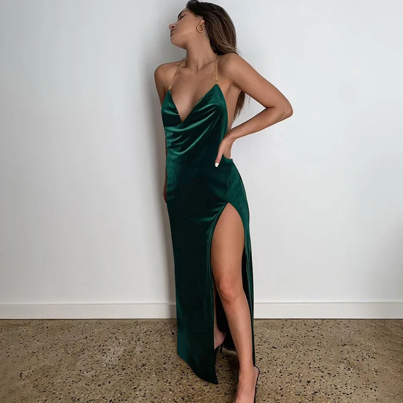 

2024 Autumn Women's Sexy V-neck Open Back Lace Up Dress Slim Split Long