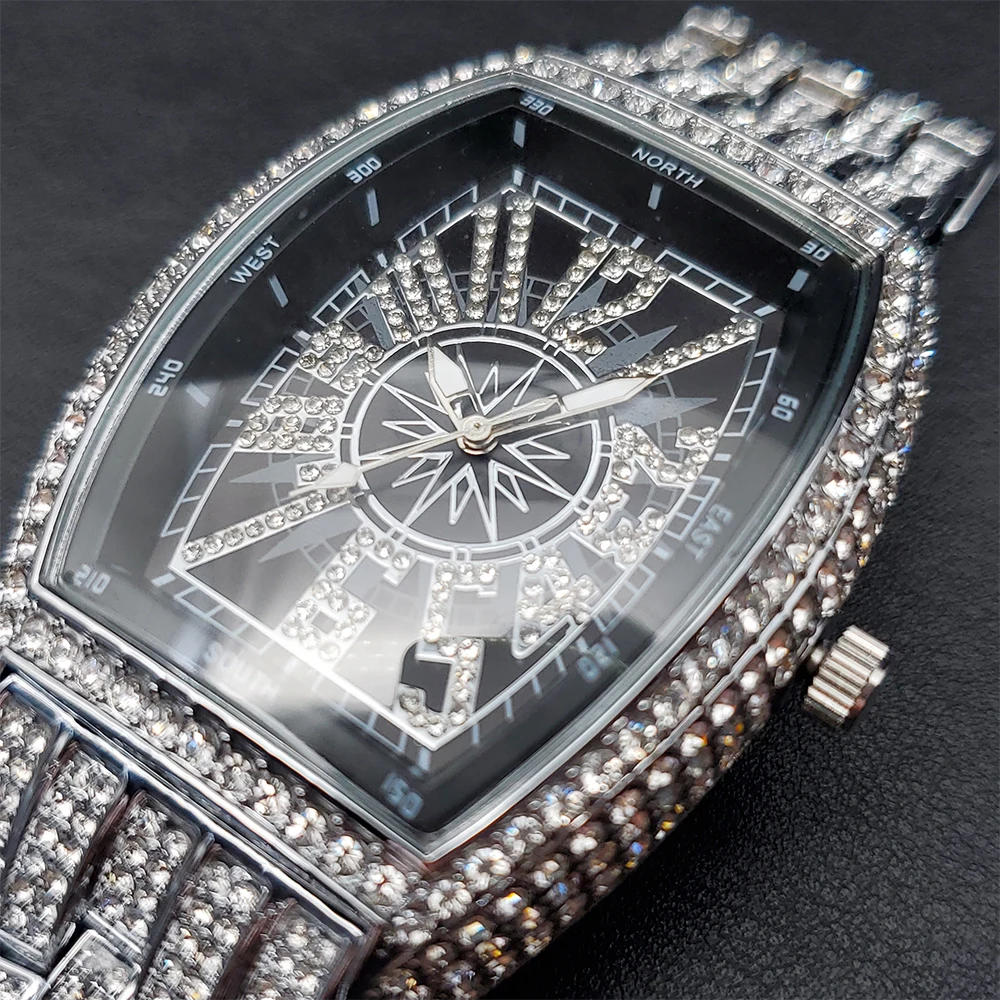 Orologio Uomo Pelle Nera Con Diamanti - Quarz Analogico, Grande Quadrante 42mm, Data Giorno, Impermeabile 30m - Regalo Di Lusso