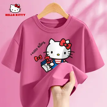 Sanrio Summer Baby Girls 100% Cotton Clothes Kid Children Cute Hello Kitty Printed T-shirts Cartoon Short Sleeve Top Outfits 1