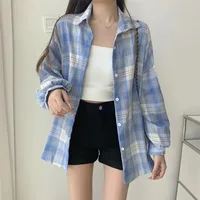 Chemise à carreaux pour femmes, mode automne, haut à manches longues, Vintage, simple boutonnage, chemisier dames, Style Preppy, chemises amples à carreaux 4