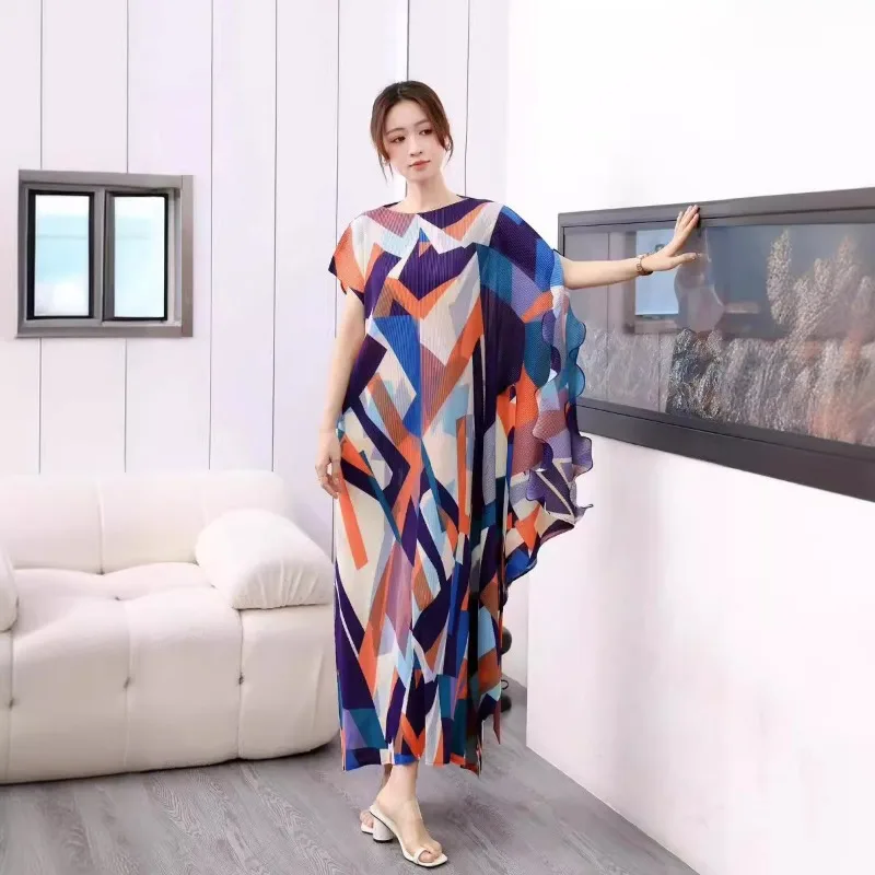 

Летнее кружевное плиссированное платье Auricularia с геометрическим принтом и круглым вырезом, на одно плечо, с рукавом летучая мышь, праздничная Женская одежда для путешествий