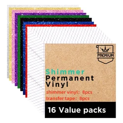 Shimmer Vinyl Permanent Adhesive Sheets, 12x12 Glitter Vinyl for Mugs, Cups, and DIY Projects (16pc(8colors))
