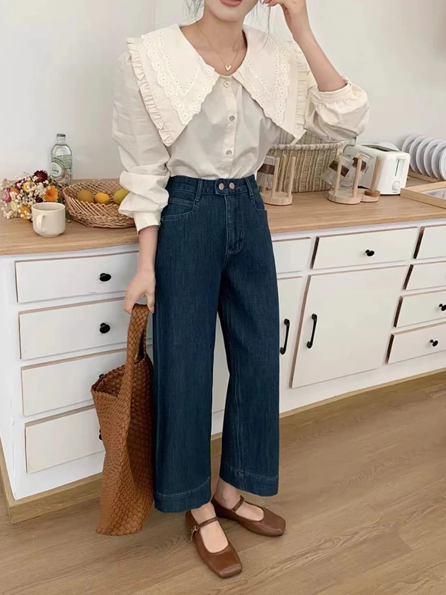 

Pockets Straight Jeans Women Korean Fashion Streetwear High Waist Wide Leg Denim Pants Female Loose Jean Trouser New G136