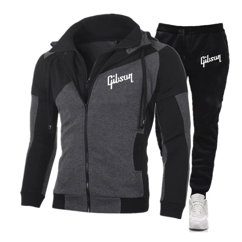 Gibson 2023 Autumn and Winter New Style Men's Zipper Hoodie Printing Harajuku Fitness Tracksuits fashion Sweatshirts+Pants set