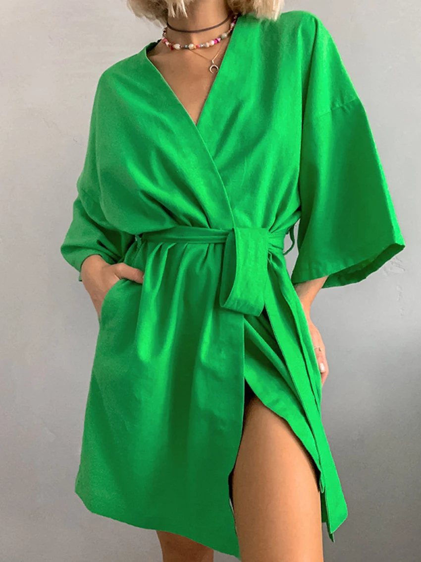 Marthaqiqi Fashion Ladies Robe Sexy V-Neck Bathrobe Long Sleeve Pajamas Lace Up Sleepwear Mini Dress Casual Home Clothes Women