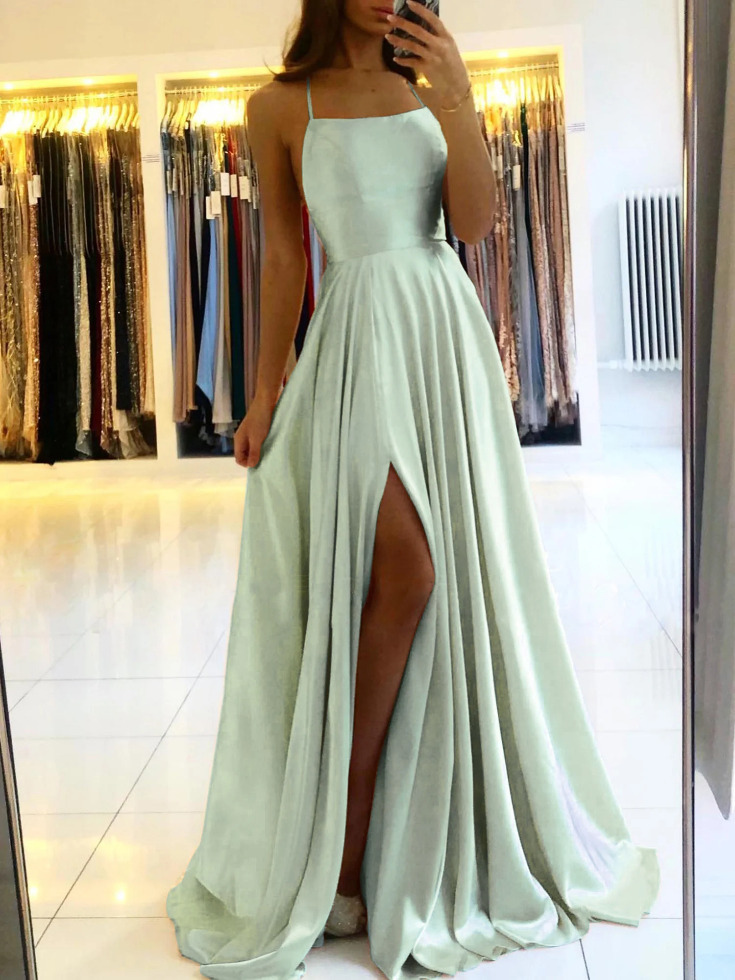 Evening dresses Ladies A-line Long Satin Evening Dress Women Simple Spaghetti Straps Sexy Slit Wedding Prom Party Gowns