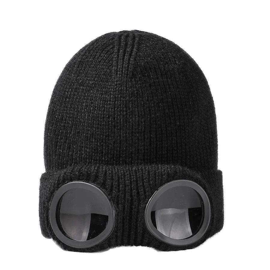 Men's and women's windproof glasses and cashmere ski knit hat solid color warm woolen hat 6