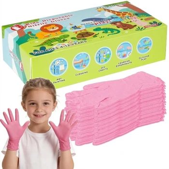 Guanti in Nitrile Rosa Monouso per Bambini dai 4 ai 12 Anni, Taglia XS, Senza Polvere e Lattice, per Pittura, Artigianato, Giardino e Festival