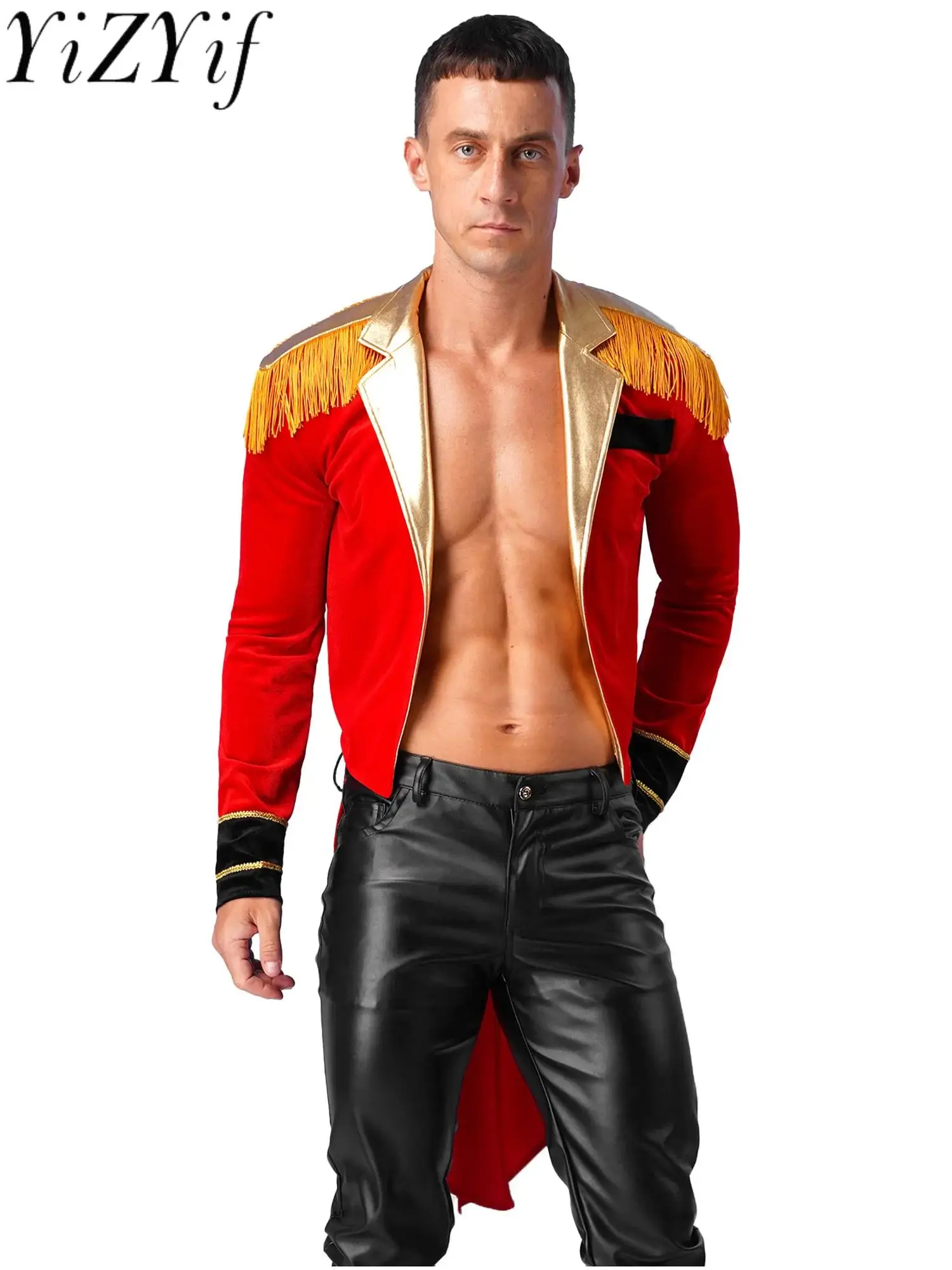 

Mens Circus Ringmaster Showman Costume Halloween Lion Tamer Tailcoat Theme Party Cosplay Long Sleeve Swallow-tailed Coat Jacket