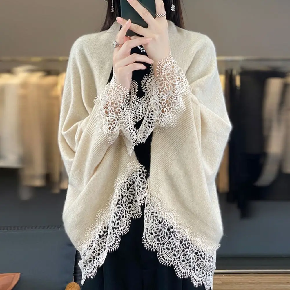Luxurious Women's Wool Knitted Shawl with Lace Edge - Skin Friendly & Breathable Scarf