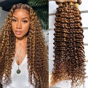 P4/27 Deep Wave Highlighted Human Hair Bundles Honey Brown Curly Hair Weaves 3 Bundle Deals Virgin Hair Extension for Ponytails 1