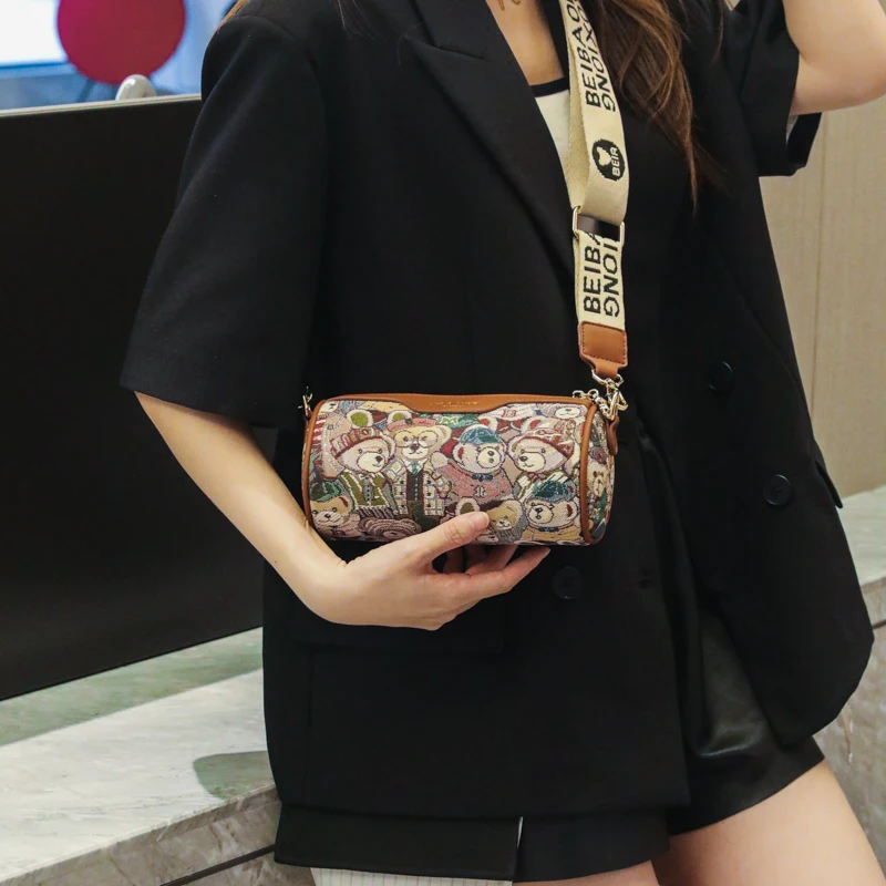 kawaii bear pattern women shoulder bag for Girls samll BeiBaoBao women's bag fashion Barrel-shaped crossbody bags for women 2023