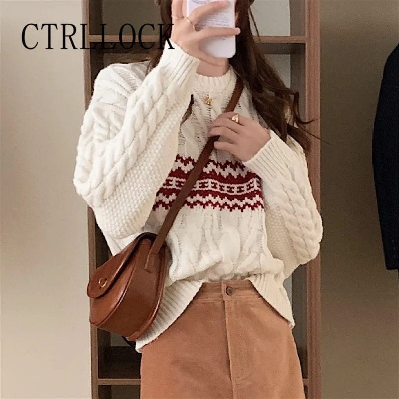 

CTRLLOCK Retro Wave Twists Knitted Casual Women's Long Sleeve O-neck Sweater Winter