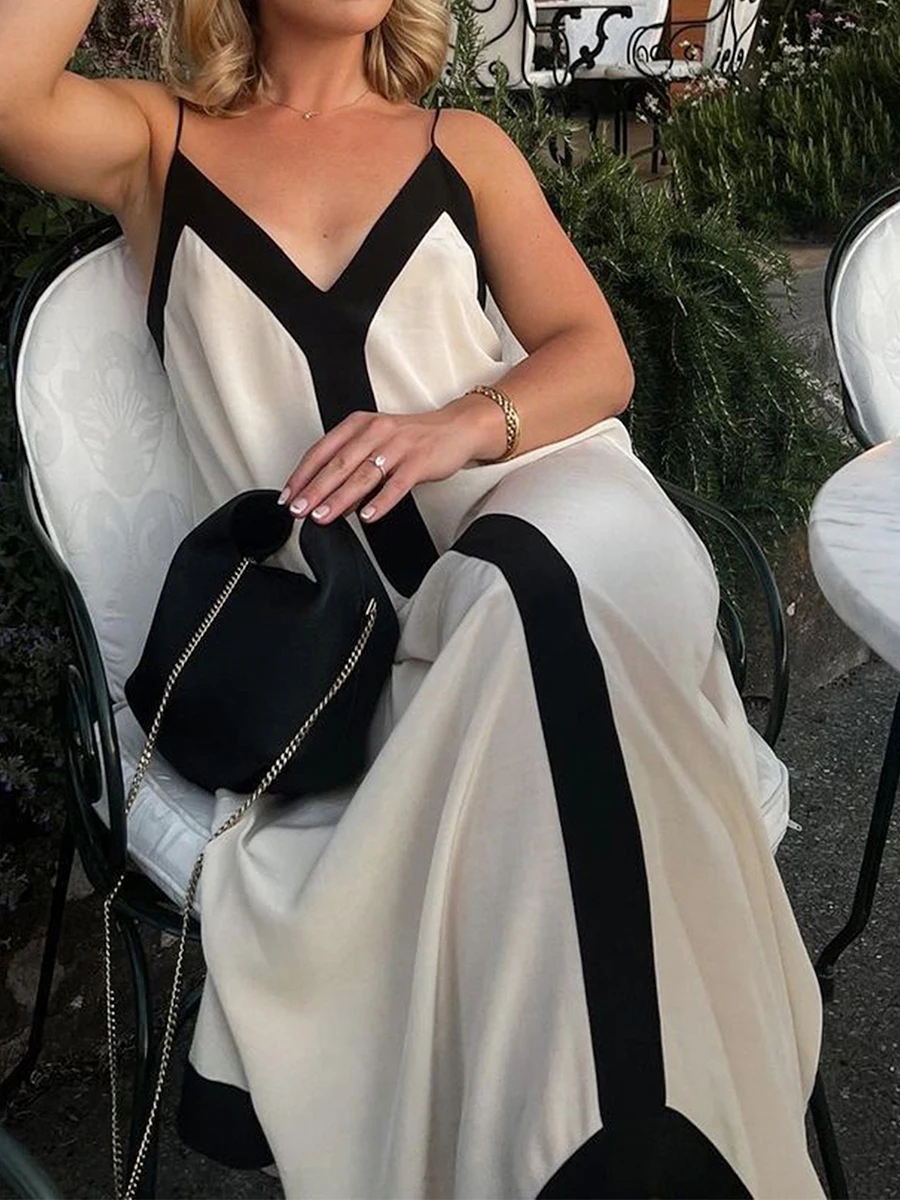 

Women Spaghetti Straps Maxi Dress Contrast Color A-Line V-Neck Backless Loose Beach Dress Casual Party Evening Sling Long Dress