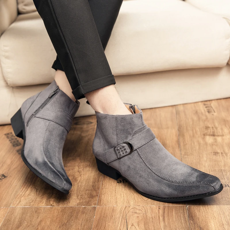 

New Mens Leather Chelsea Boots Business Men Ankle Boots Cowboy Pointed Cow Suede Boots Handmade Comfort Casual Buckle Mens Boots