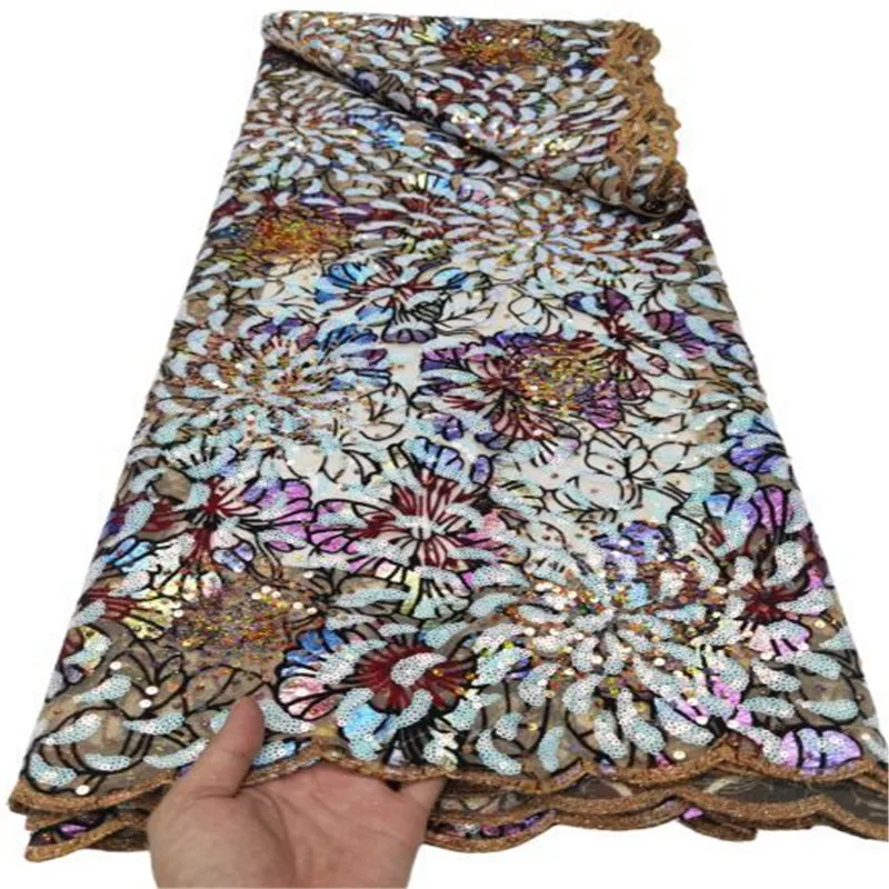 

Африканская кружевная ткань с флокированием, 5 ярдов, Высококачественная вышивка золотыми блестками, нигерийский Свадебный швейный кружевной материал Asoebi