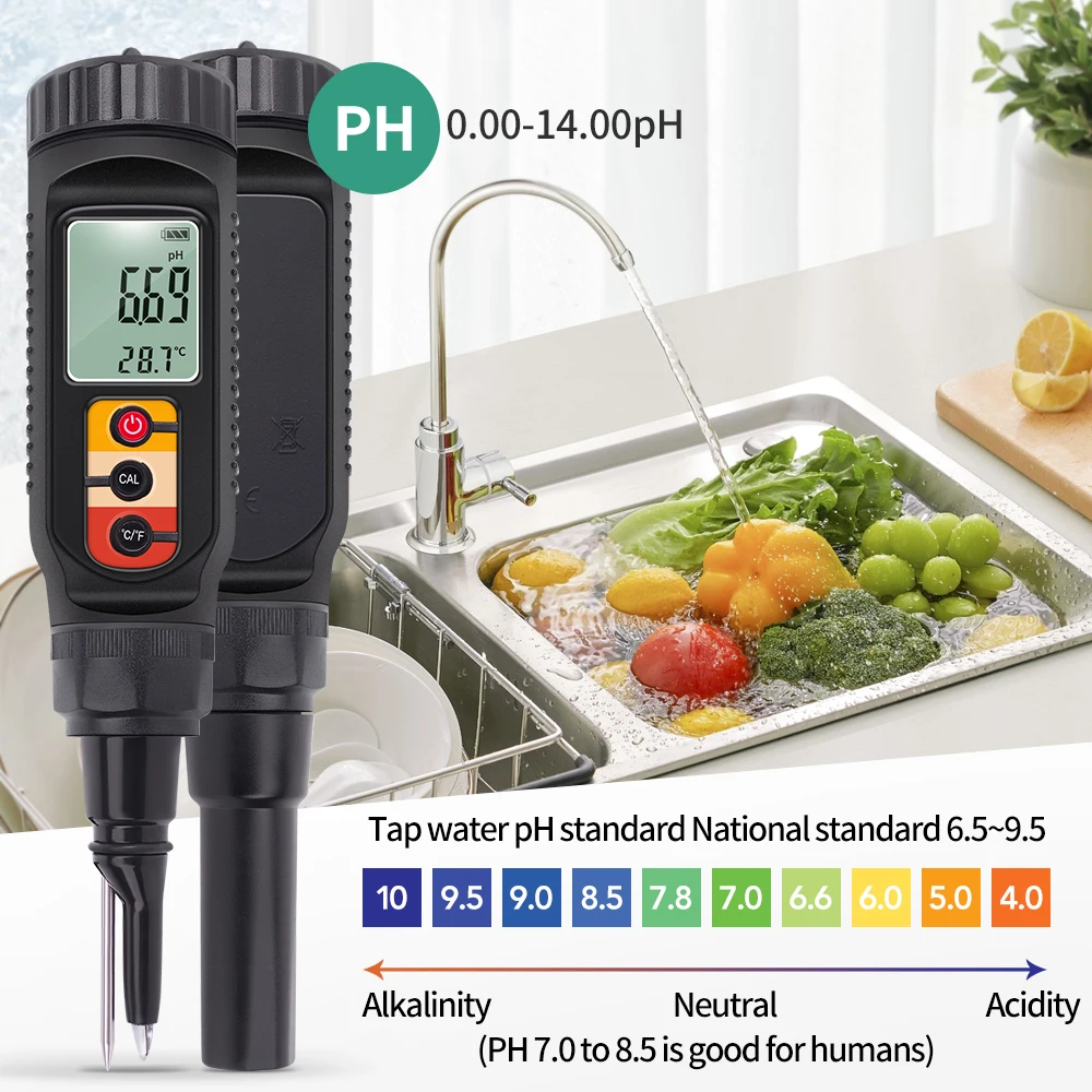 Digital Food PH Meter Water Temp Acidity Tester for Dough Fruit Cheese Meat Bread Soil PH Meter 0.00~14.00 High Accuracy 3