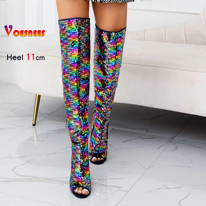 Gold Sequin Women Boots Colorful Pointed Toe Square Heels Woman Fashion Bling Leather  Peep Toe Shoes 11CM Over The Knee Boots