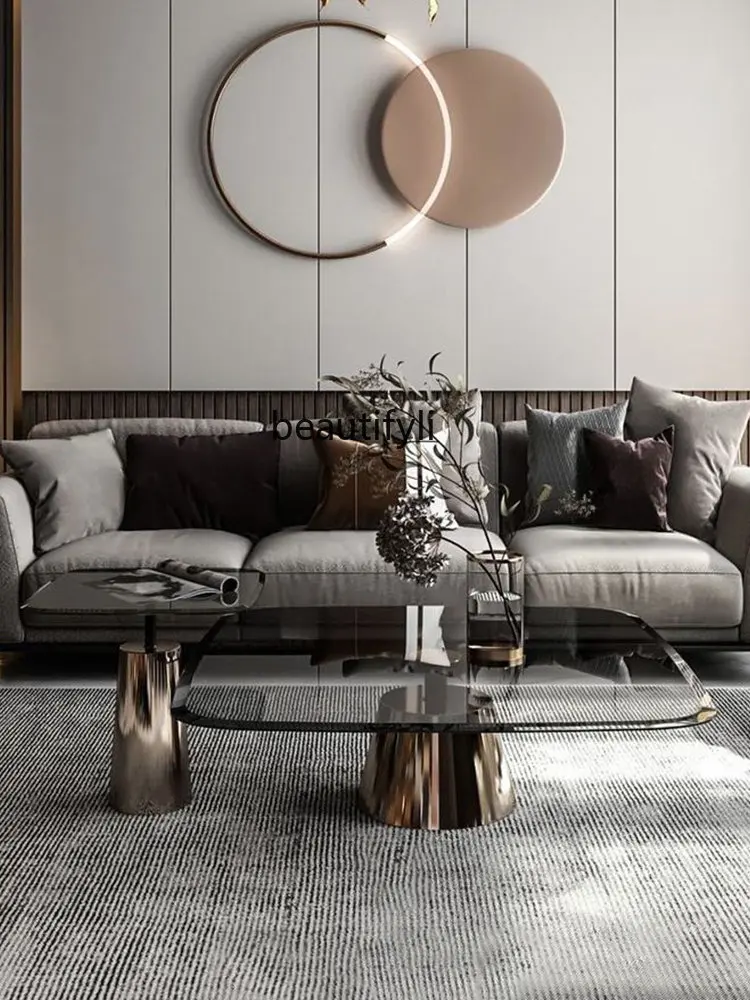 

zqLight Luxury Semi-Transparent Gray Glass Tea Table Household Living Room Size Combined Tea Table Small Table Edge Coffee Table