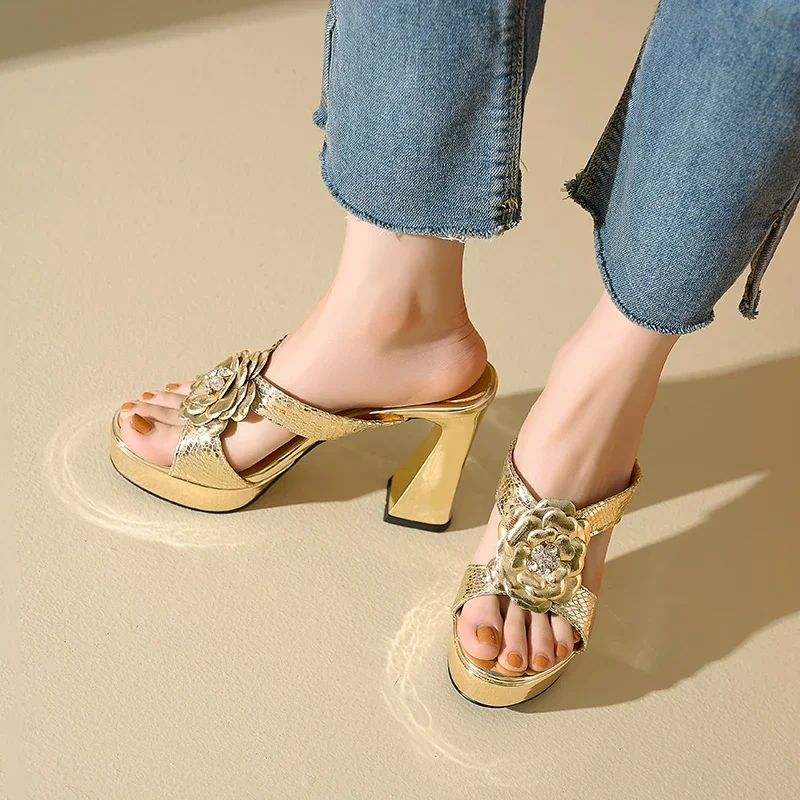 

2024 Summer new Women's Sandals natural leather 22-24.5cm cowhide+ sheepskin flower high heel platform mules women Shoes fashion